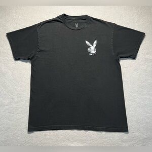 Playboy Masthead & Rabbit Head Ribbed Crewneck Tee Shirt 2-Sided Black Size XL